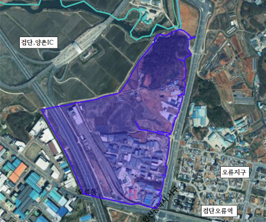 오류4지구 항공사진에서 오류4지구 사업구역(오류동 204번지 일원(300필지, 406,922㎡))을 파란 라인으로 표시