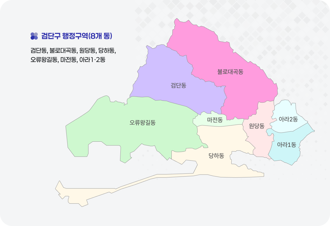 인천 검단구 행정동을 나타낸 지도. 검단구 행정구역(8개 동) 검단동, 불로대곡동, 원당동, 당하동, 오류왕길동, 마전동, 아라1·2동